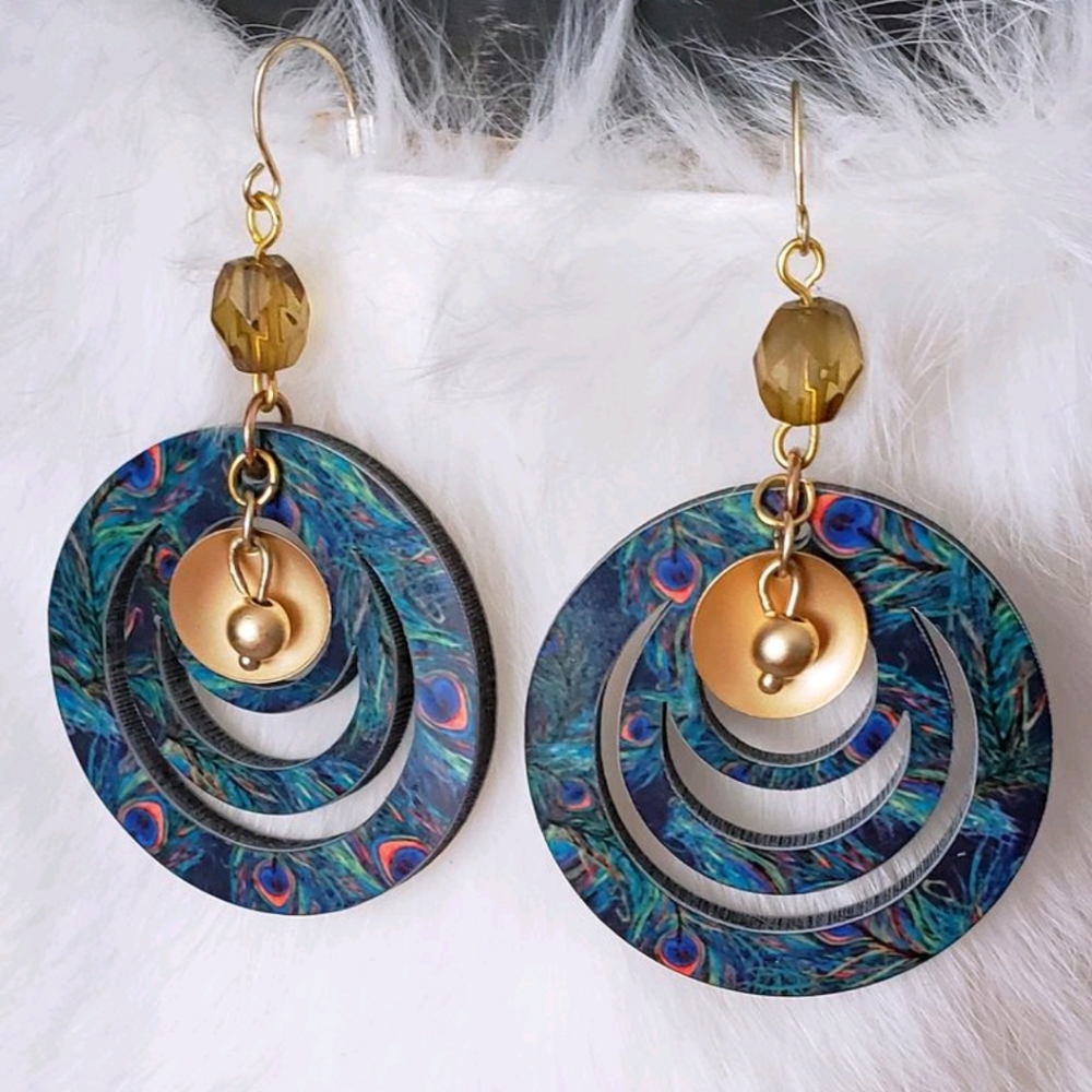 Peacock Feather Dangly Earrings